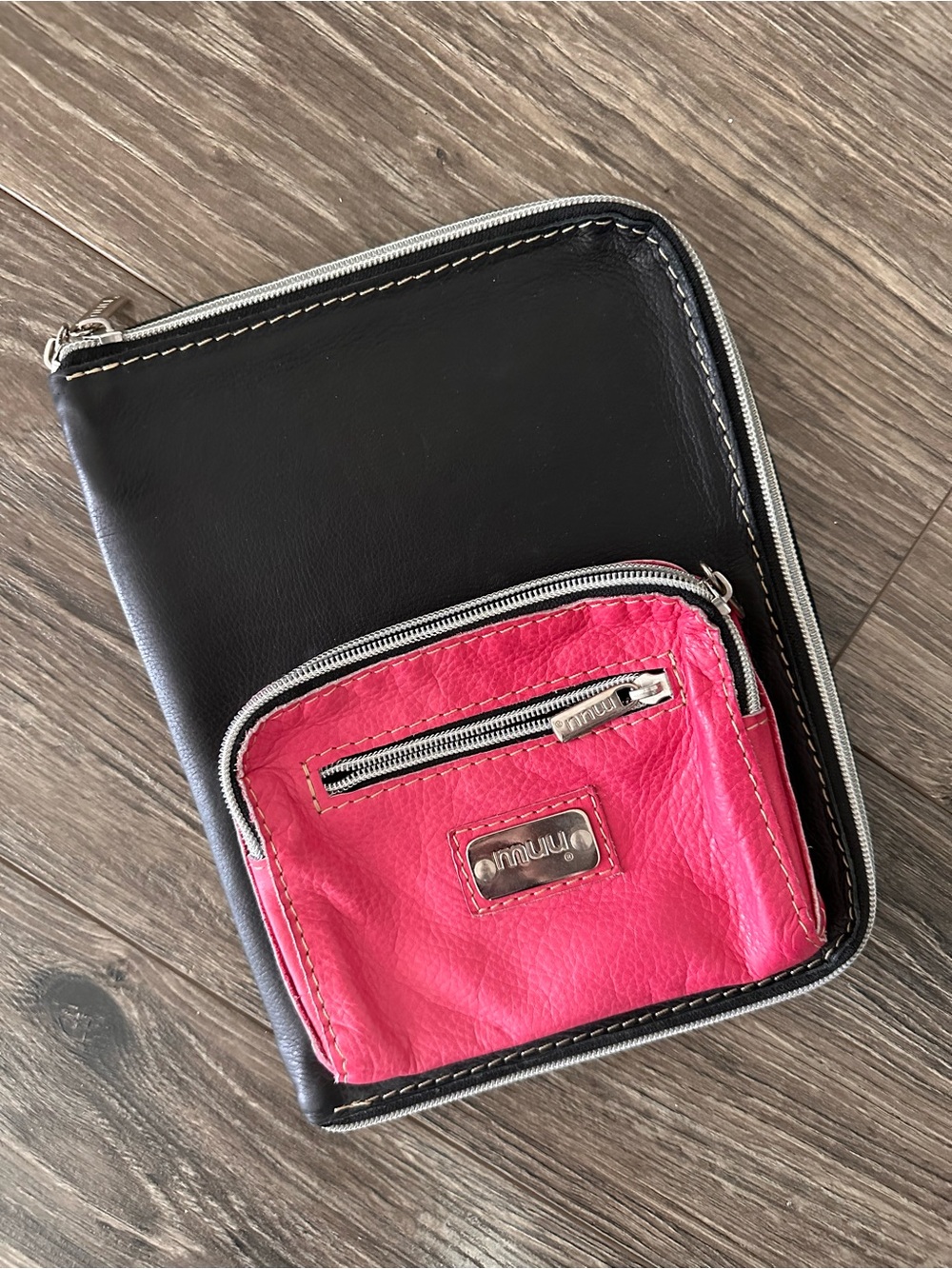 Faux Leather Compact Black & Pink Leather Zip Organizer